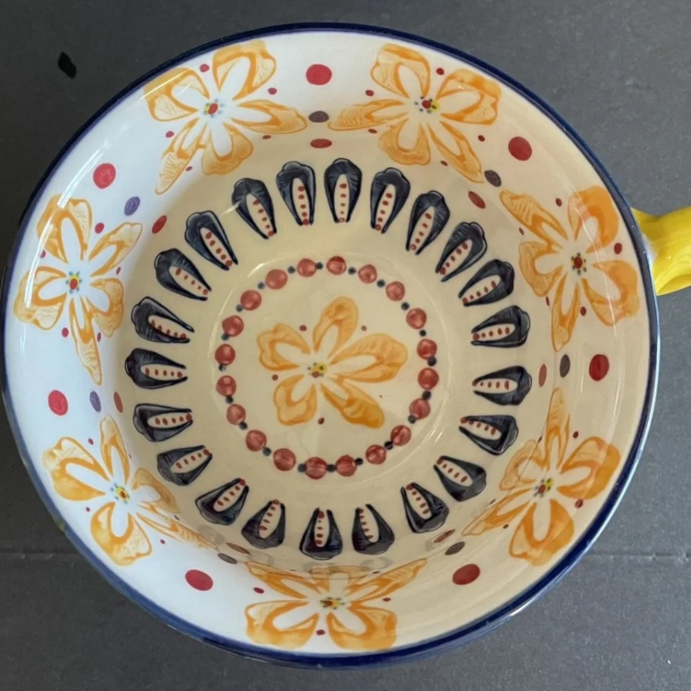 Two Anthropology Yellow Floral Footed Elka Ayala Pedestal Mugs w/Twisted Handles - Picture 2 of 4